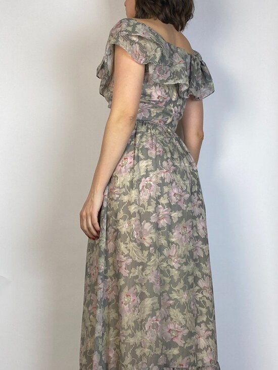 Vintage 1970s DREAMY Striped FLORAL Gown -- Small - Picture 2 of 10